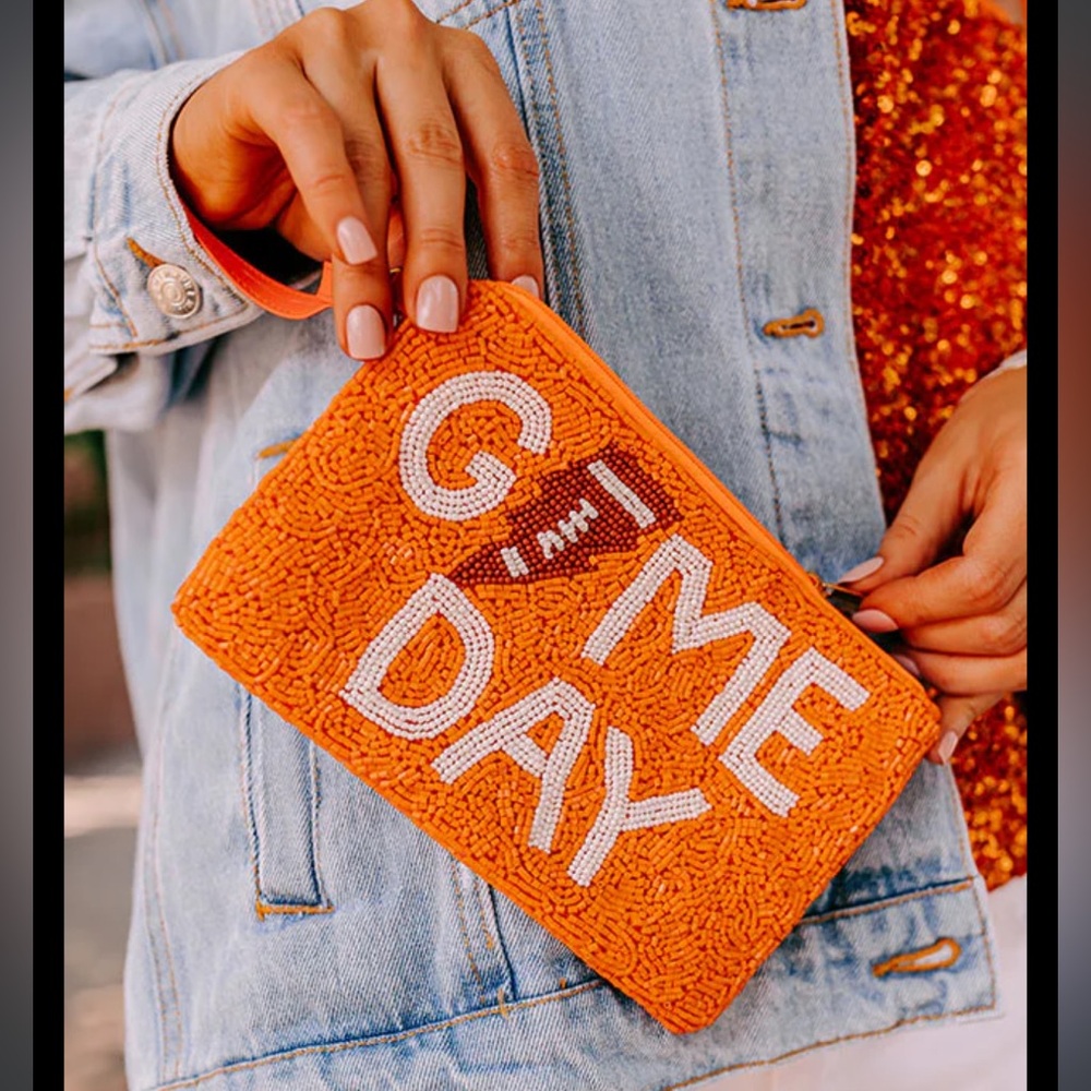 Orange GAME DAY beaded clutch bag w/football Ziptop faux leather wristlet NWT